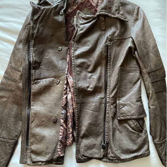 Jakett New York Leather Biker Moto Jacket Asymmetrical Zip Cargo Pocket Brown - Picture 6 of 13